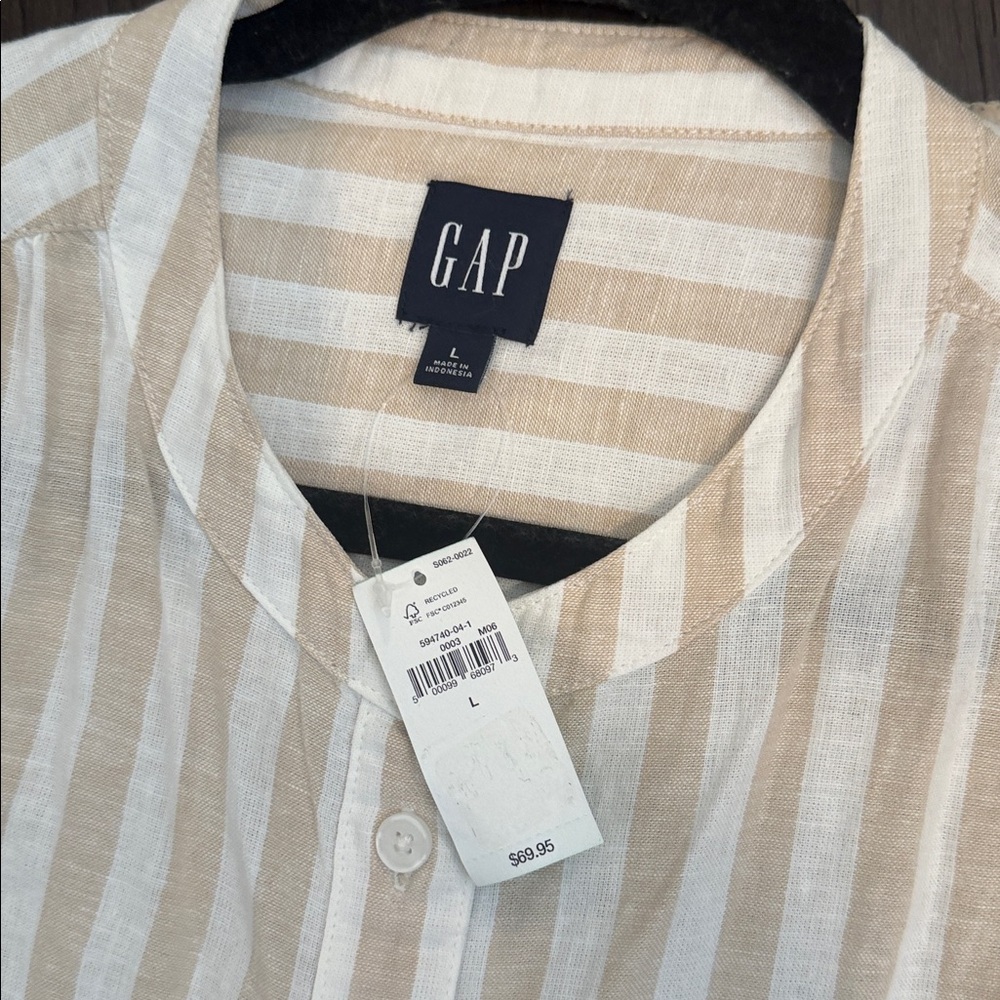 NWT GAP Khaki and White Striped Linen Blend Belted Puff Sleeved Shirt Dress Lg - Picture 4 of 9